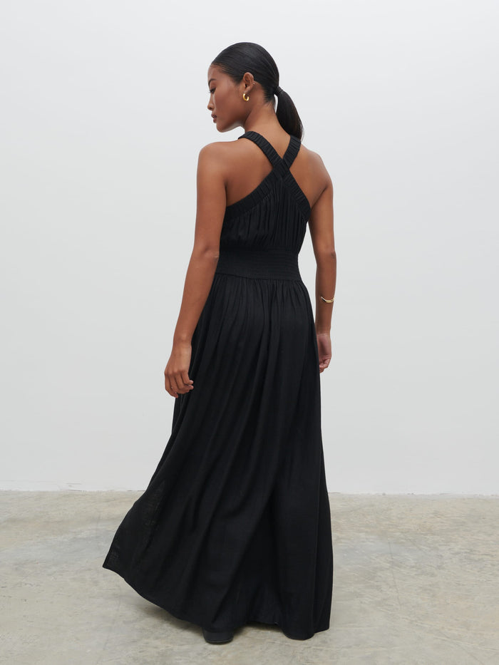 Elle Is 5'3" & Wears Size UK 8|Hollie Shirred Maxi Dress - Black