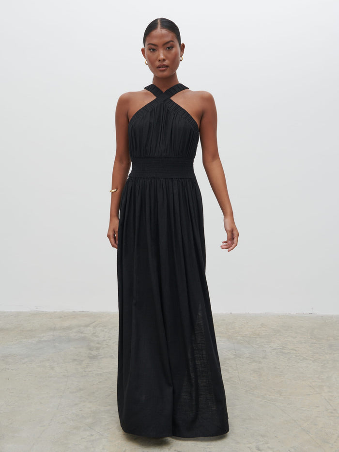 Elle Is 5'3" & Wears Size UK 8|Hollie Shirred Maxi Dress - Black