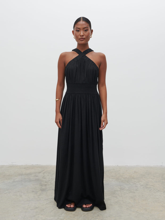 Elle Is 5'3" & Wears Size UK 8|Hollie Shirred Maxi Dress - Black