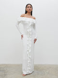 Candy Is 5'6" & Wears Size UK S|Hope Bardot Ruffle Jersey Maxi Dress - Cream