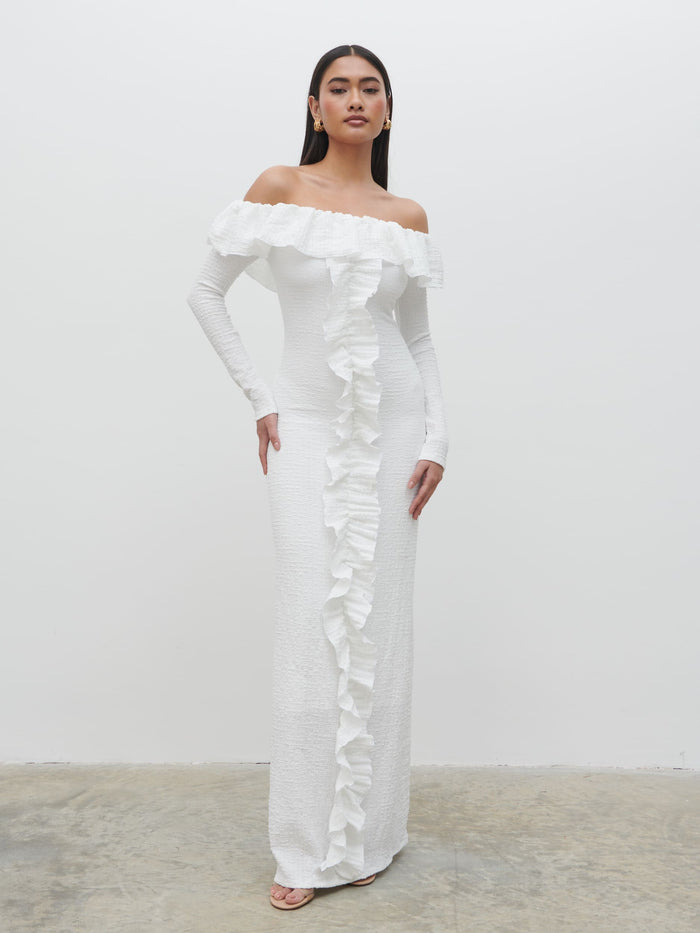Candy Is 5'6" & Wears Size UK S|Hope Bardot Ruffle Jersey Maxi Dress - Cream