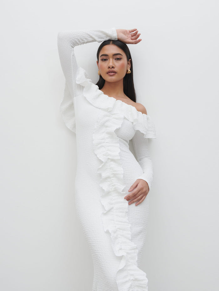Candy Is 5'6" & Wears Size UK S|Hope Bardot Ruffle Jersey Maxi Dress - Cream