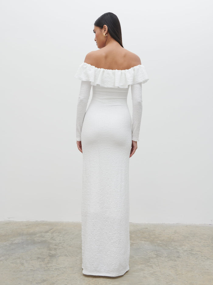 Candy Is 5'6" & Wears Size UK S|Hope Bardot Ruffle Jersey Maxi Dress - Cream