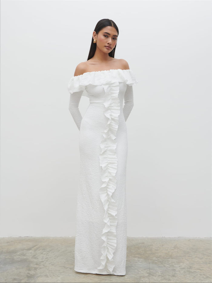 Candy Is 5'6" & Wears Size UK S|Hope Bardot Ruffle Jersey Maxi Dress - Cream