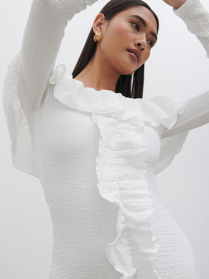 Candy Is 5'6" & Wears Size UK S|Hope Bardot Ruffle Jersey Maxi Dress - Cream