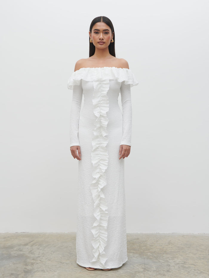 Candy Is 5'6" & Wears Size UK S|Hope Bardot Ruffle Jersey Maxi Dress - Cream