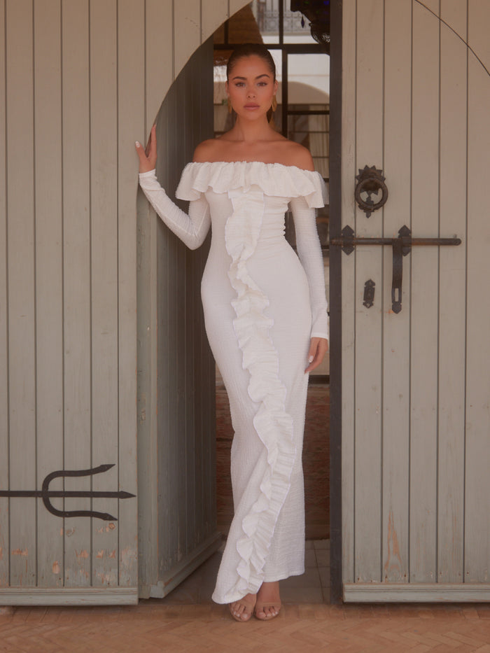 Elissa Is 5'8.5" & Wears Size UK 8|Hope Bardot Ruffle Jersey Maxi Dress - Cream
