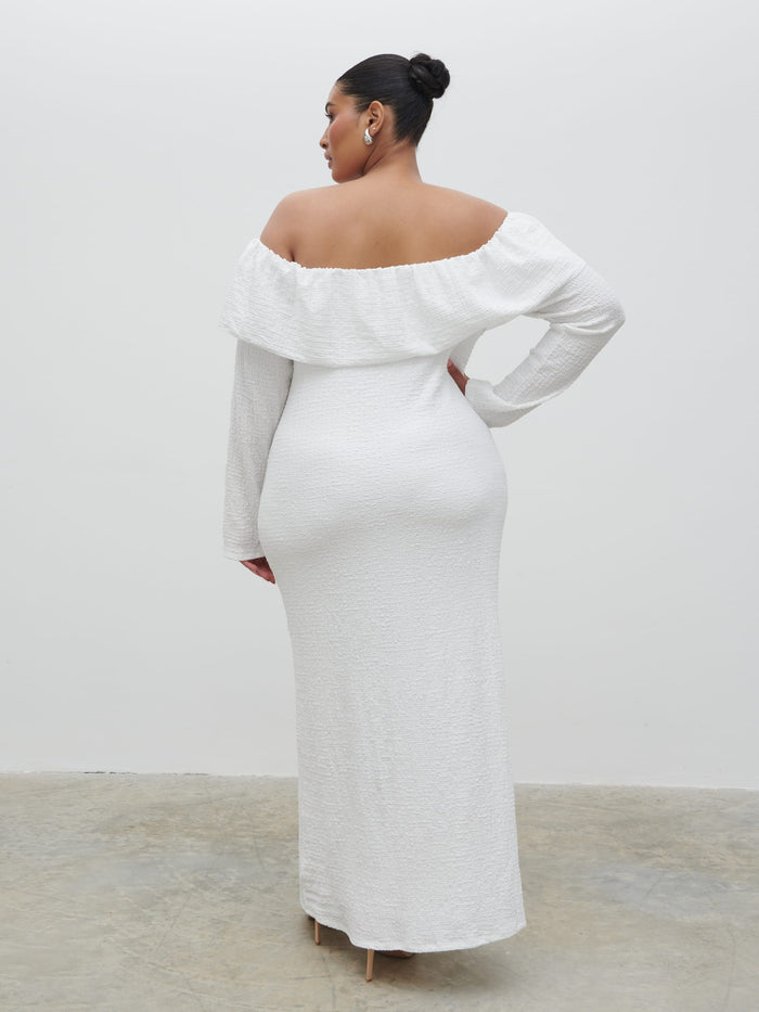 Souki Is 5'8" & Wears Size UK XL|Hope Bardot Ruffle Jersey Maxi Dress Curve - Cream