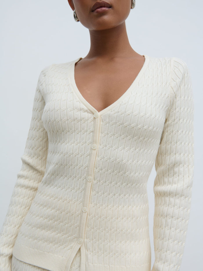 Elle Is 5'3" & Wears Size UK XS|Iliana Cable Knit Cardigan - Cream