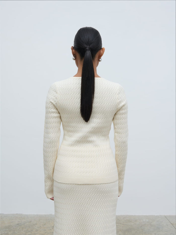 Elle Is 5'3" & Wears Size UK XS|Iliana Cable Knit Cardigan - Cream