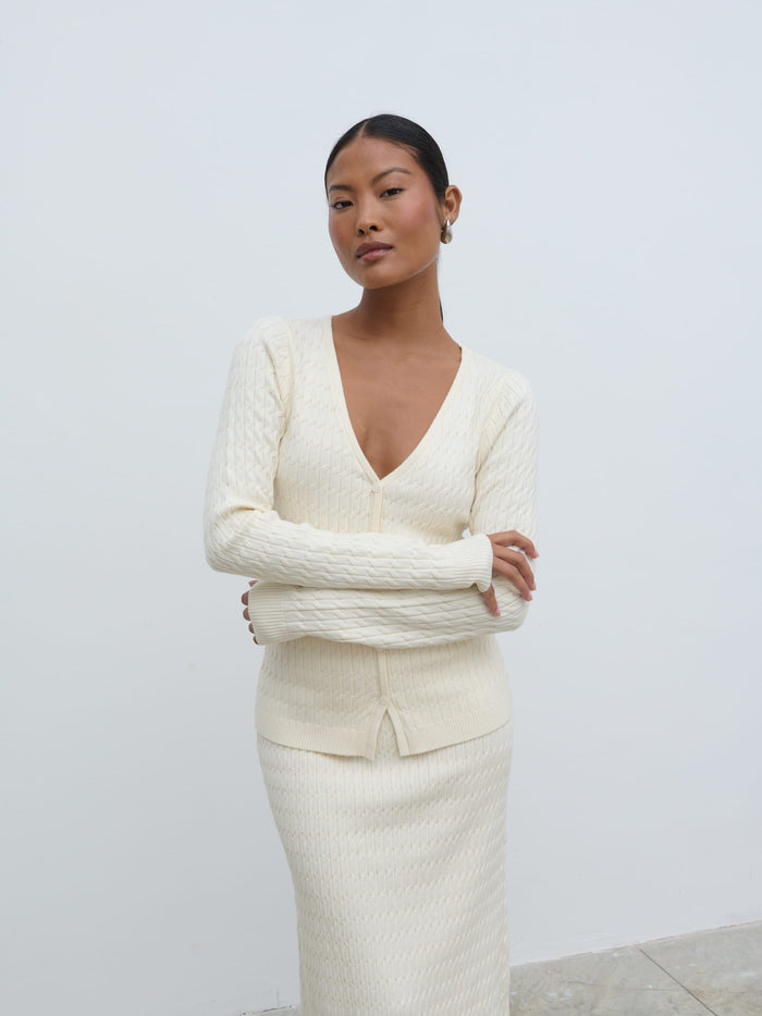 Elle Is 5'3" & Wears Size UK XS|Iliana Cable Knit Cardigan - Cream