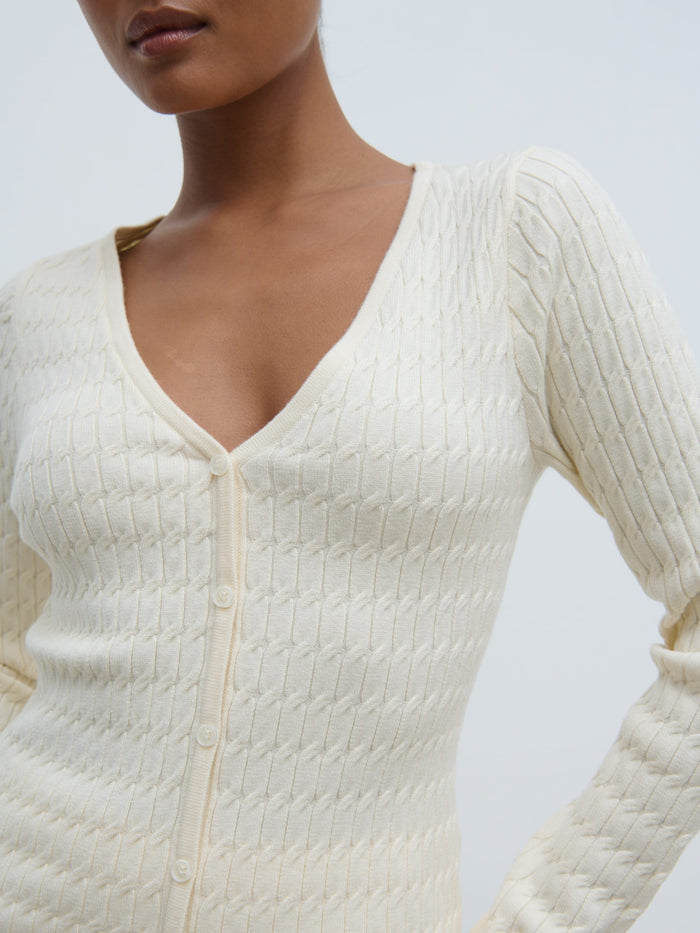 Elle Is 5'3" & Wears Size UK XS|Iliana Cable Knit Cardigan - Cream