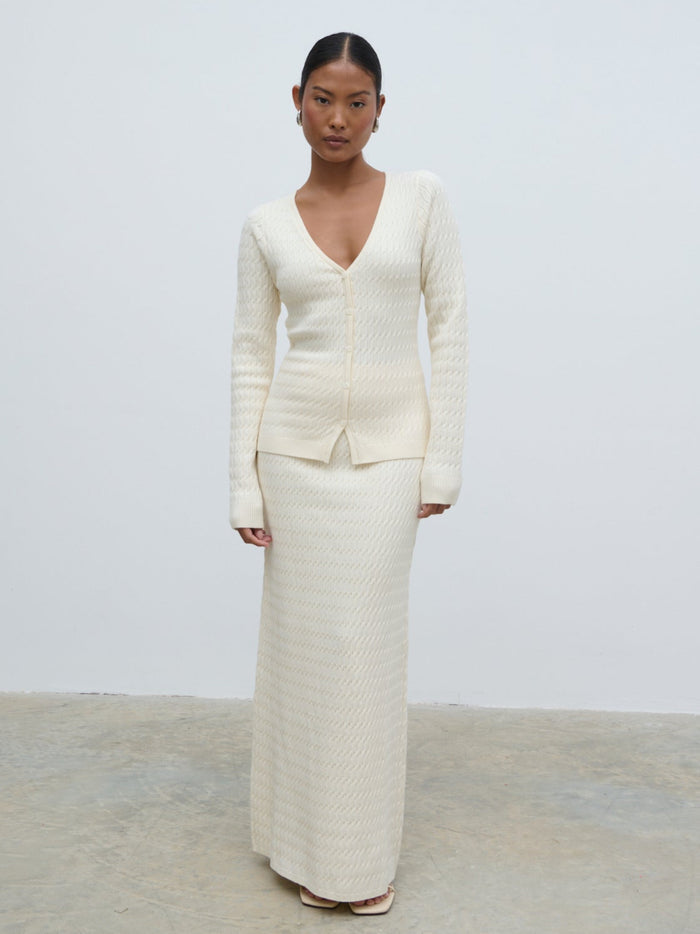 Elle Is 5'3" & Wears Size UK XS|Iliana Cable Knit Midaxi Skirt - Cream