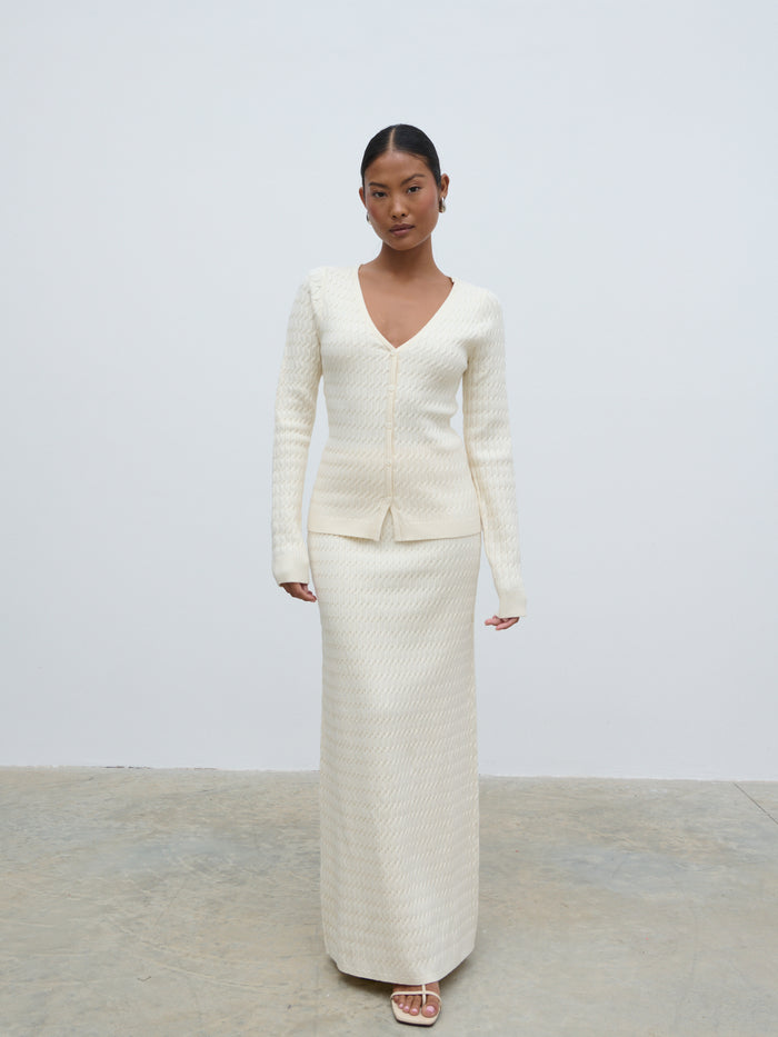 Elle Is 5'3" & Wears Size UK XS|Iliana Cable Knit Midaxi Skirt - Cream