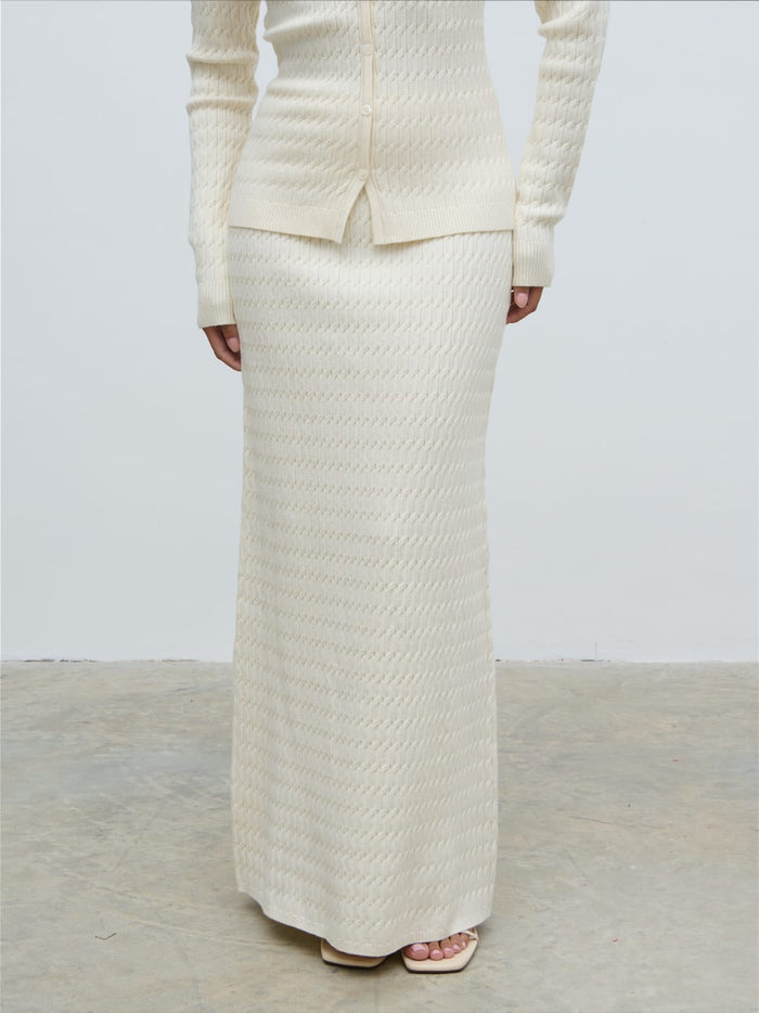 Elle Is 5'3" & Wears Size UK XS|Iliana Cable Knit Midaxi Skirt - Cream