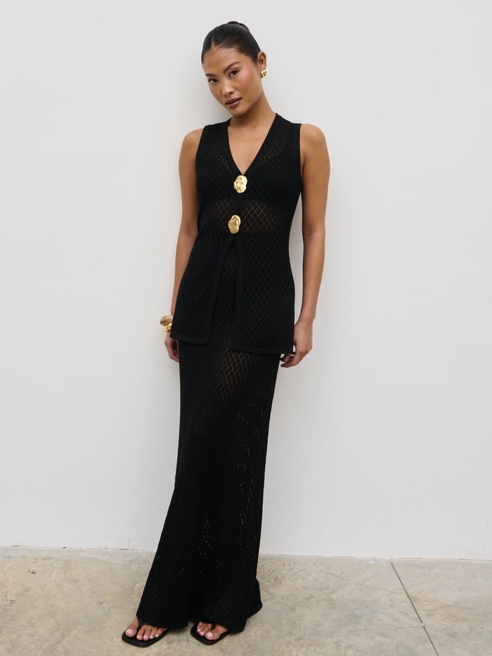 Elle Is 5'3" & Wears Size UK XS|Imani Pointelle Knit Maxi Skirt - Black