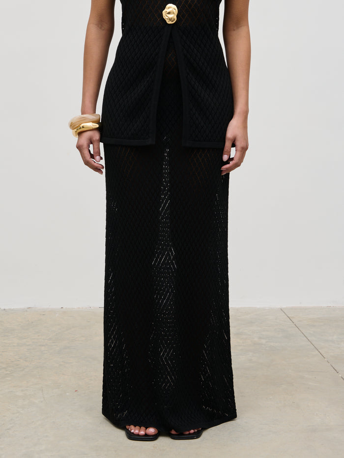 Elle Is 5'3" & Wears Size UK XS|Imani Pointelle Knit Maxi Skirt - Black