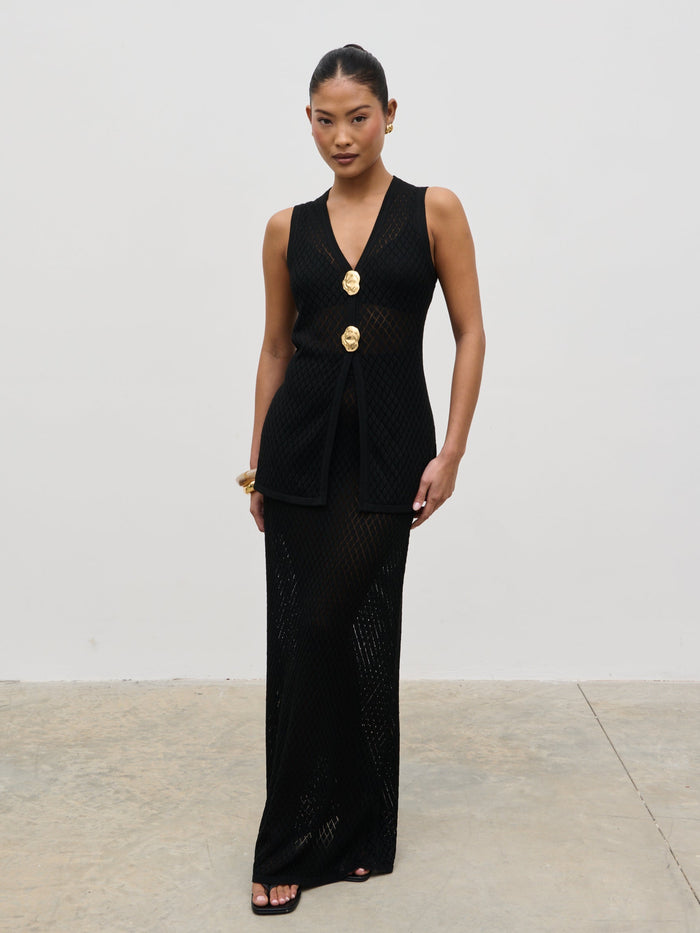 Elle Is 5'3" & Wears Size UK XS|Imani Pointelle Knit Maxi Skirt - Black