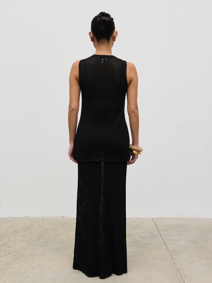 Elle Is 5'3" & Wears Size UK XS|Imani Pointelle Knit Maxi Skirt - Black