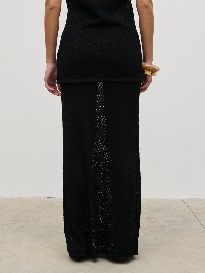 Elle Is 5'3" & Wears Size UK XS|Imani Pointelle Knit Maxi Skirt - Black