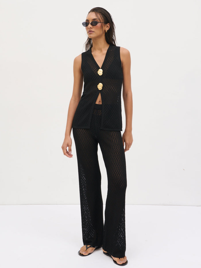 Lana is 5'9" & Wears Size UK S|Imani Pointelle Knit Waistcoat - Black