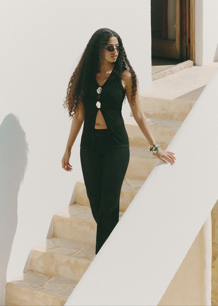 Lana is 5'9" & Wears Size UK S|Imani Pointelle Knit Waistcoat - Black