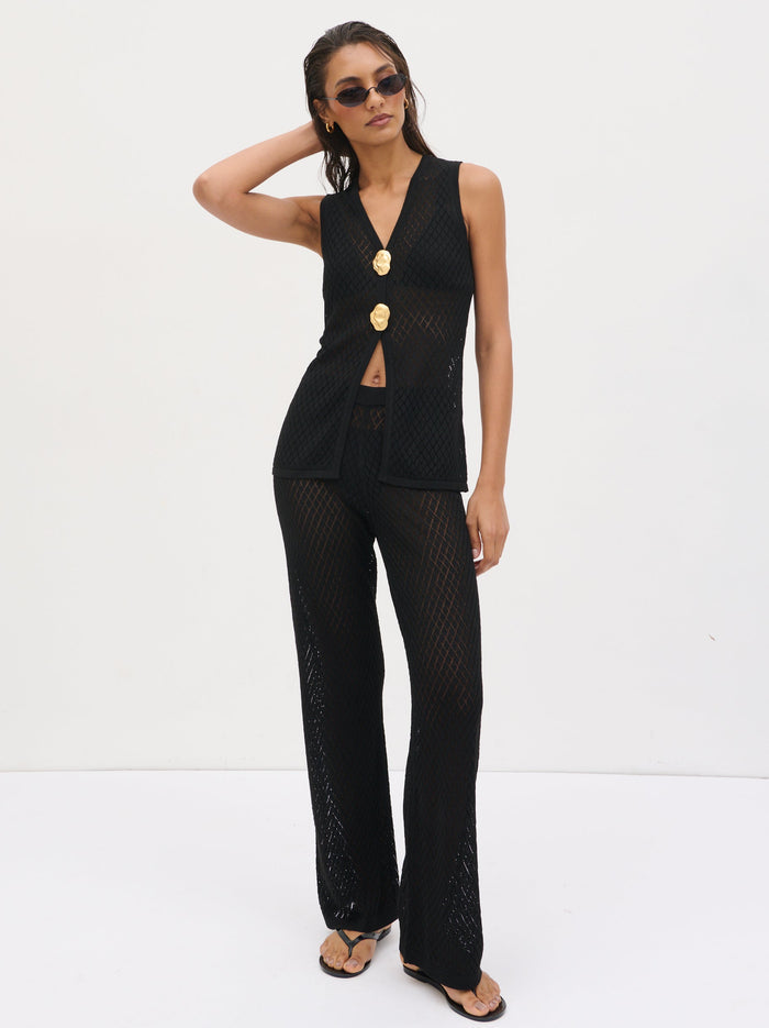 Lana is 5'9" & Wears Size UK S|Imani Pointelle Knit Waistcoat - Black