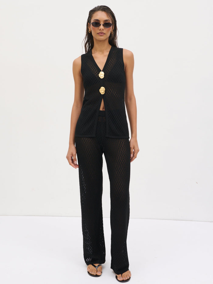 Lana is 5'9" & Wears Size UK S|Imani Pointelle Knit Waistcoat - Black