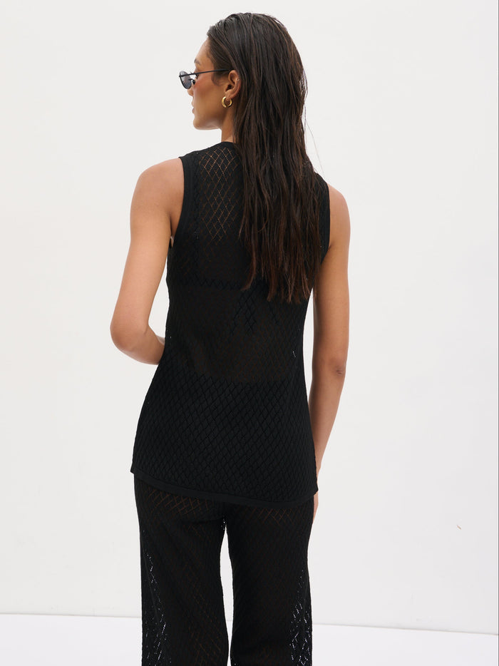 Lana is 5'9" & Wears Size UK S|Imani Pointelle Knit Waistcoat - Black