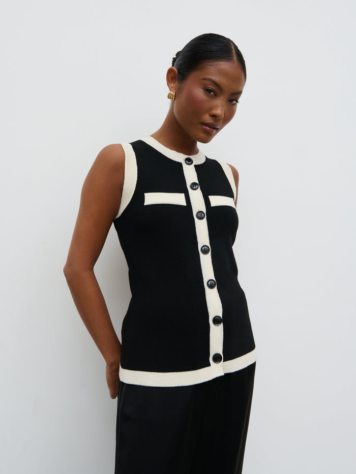 Elle Is 5'3" & Wears Size UK S|Indigo Contrast Knit Waistcoat - Black and Cream