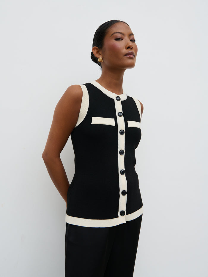 Elle Is 5'3" & Wears Size UK S|Indigo Contrast Knit Waistcoat - Black and Cream