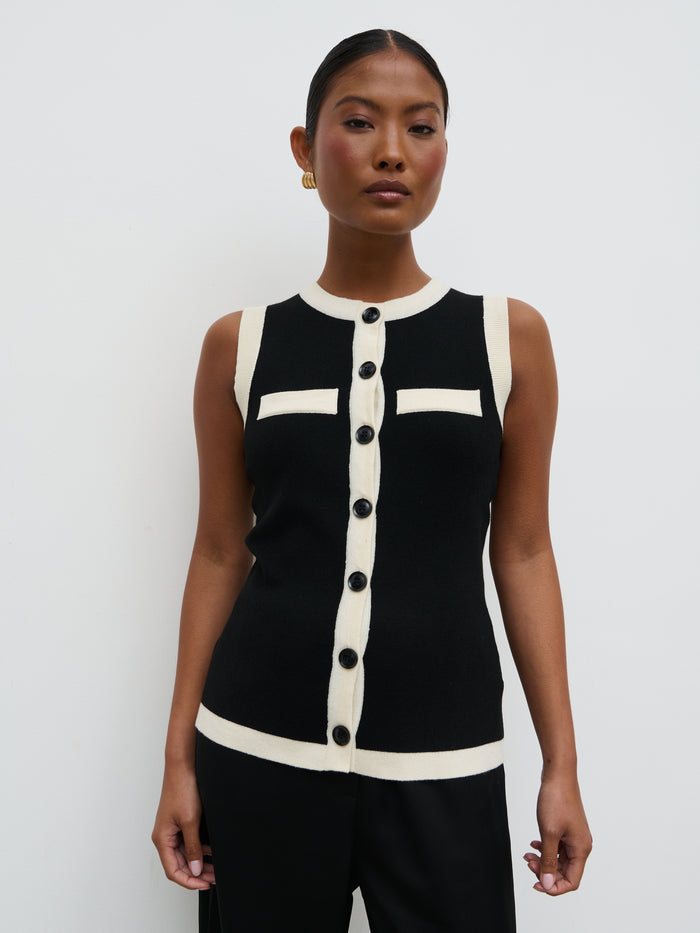 Elle Is 5'3" & Wears Size UK S|Indigo Contrast Knit Waistcoat - Black and Cream