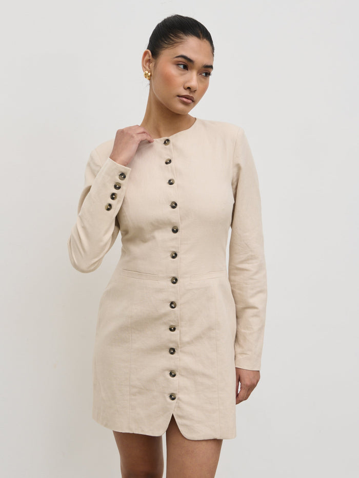 Candy Is 5'6" & Wears Size UK 6|Indy Button Down Mini Dress - Natural
