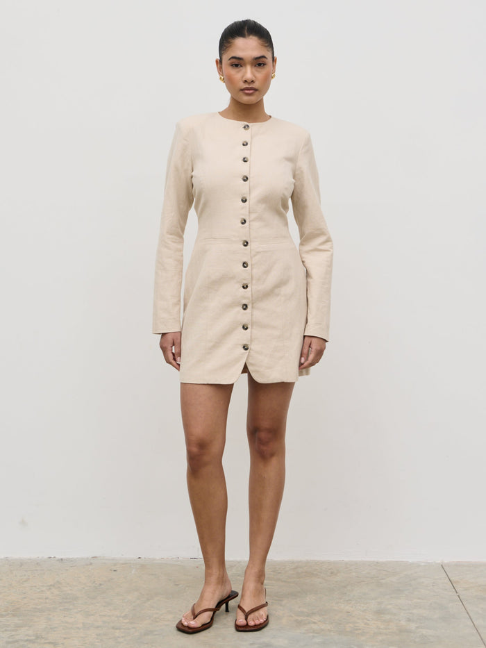 Candy Is 5'6" & Wears Size UK 6|Indy Button Down Mini Dress - Natural