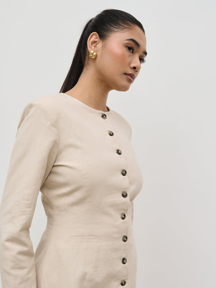 Candy Is 5'6" & Wears Size UK 6|Indy Button Down Mini Dress - Natural