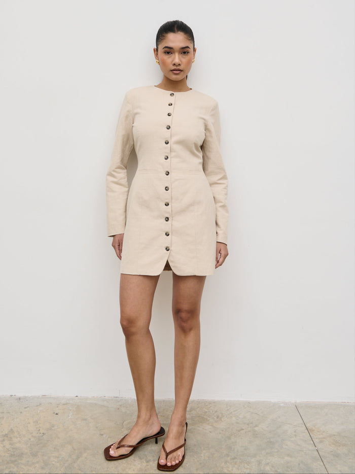 Candy Is 5'6" & Wears Size UK 6|Indy Button Down Mini Dress - Natural