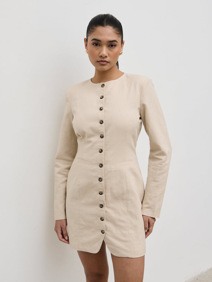 Candy Is 5'6" & Wears Size UK 6|Indy Button Down Mini Dress - Natural