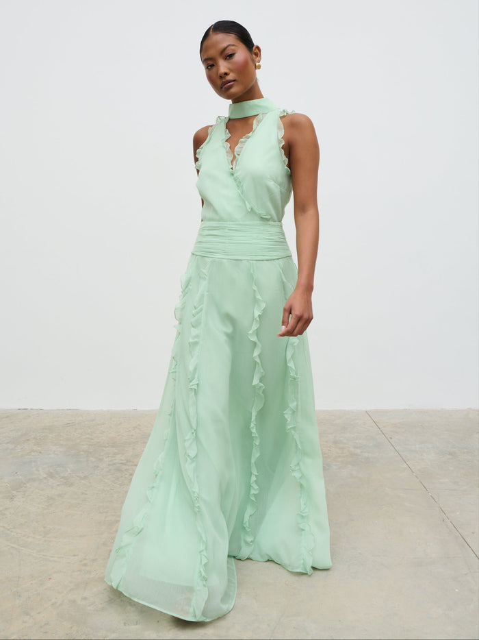 Elle Is 5'3" & Wears Size UK 6|Ingrid Ruffle Maxi Dress - Sage