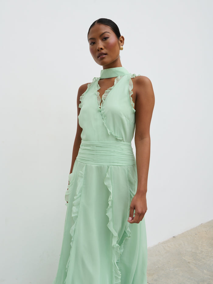 Elle Is 5'3" & Wears Size UK 6|Ingrid Ruffle Maxi Dress - Sage