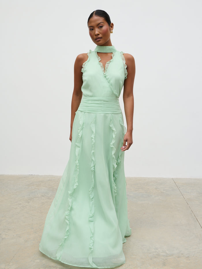 Elle Is 5'3" & Wears Size UK 6|Ingrid Ruffle Maxi Dress - Sage
