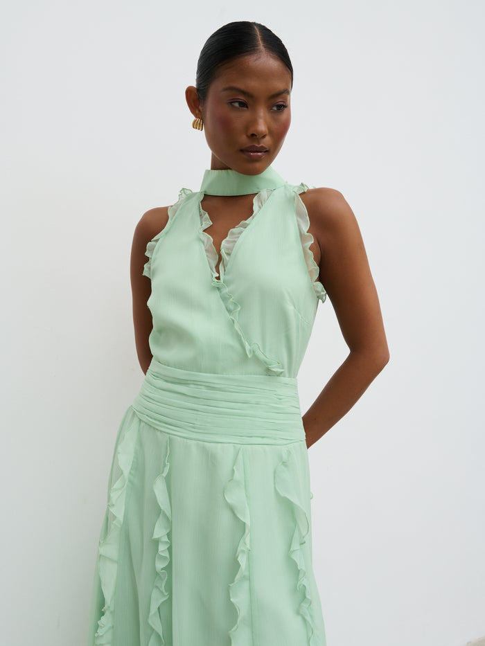 Elle Is 5'3" & Wears Size UK 6|Ingrid Ruffle Maxi Dress - Sage
