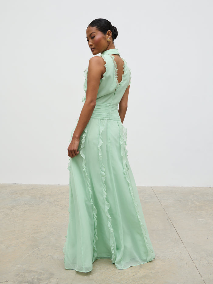 Elle Is 5'3" & Wears Size UK 6|Ingrid Ruffle Maxi Dress - Sage
