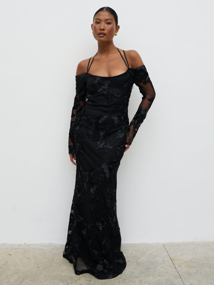 Elle Is 5'3" & Wears Size UK 6|Jamila Cold Shoulder Maxi Dress - Black Jacquard Floral