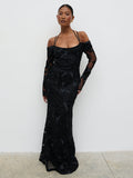 Elle Is 5'3" & Wears Size UK 6|Jamila Cold Shoulder Maxi Dress - Black Jacquard Floral