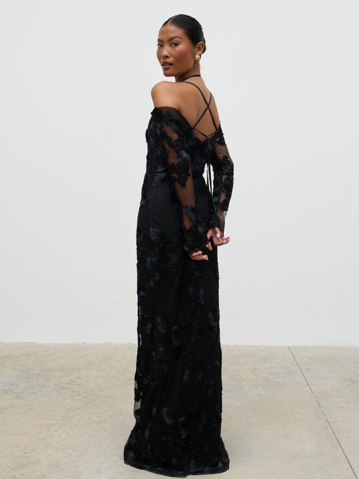 Elle Is 5'3" & Wears Size UK 6|Jamila Cold Shoulder Maxi Dress - Black Jacquard Floral
