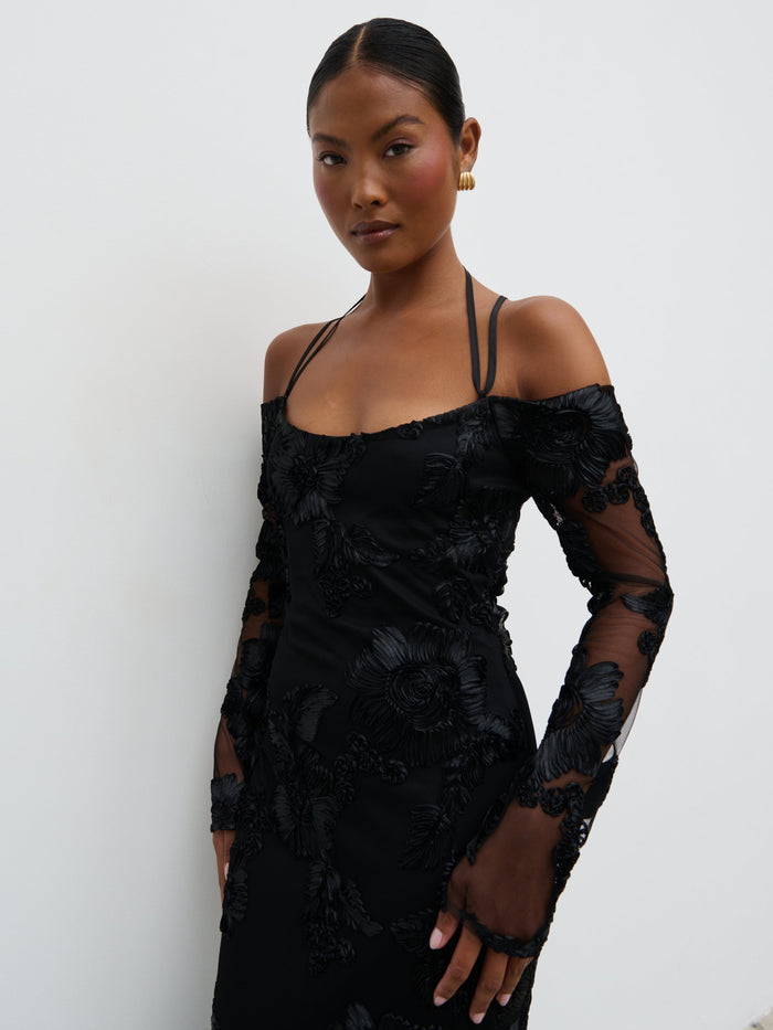 Elle Is 5'3" & Wears Size UK 6|Jamila Cold Shoulder Maxi Dress - Black Jacquard Floral