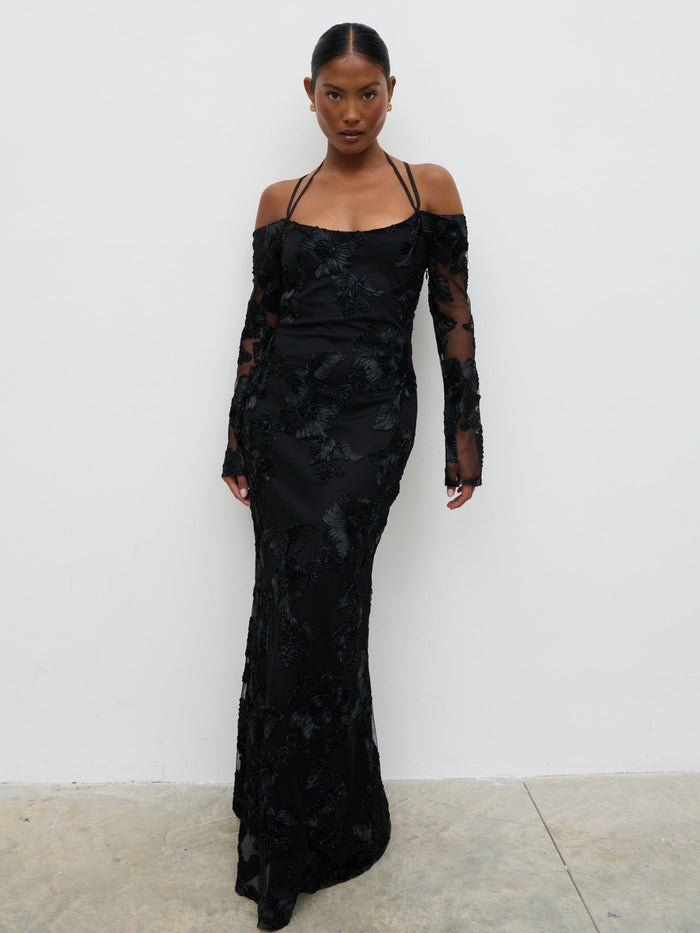Elle Is 5'3" & Wears Size UK 6|Jamila Cold Shoulder Maxi Dress - Black Jacquard Floral