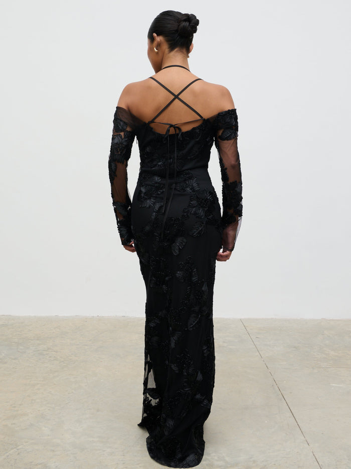 Elle Is 5'3" & Wears Size UK 6|Jamila Cold Shoulder Maxi Dress - Black Jacquard Floral