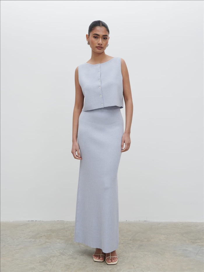 Candy Is 5'6" & Wears Size UK S|Jasmin Knit Maxi Skirt - Blue Marl