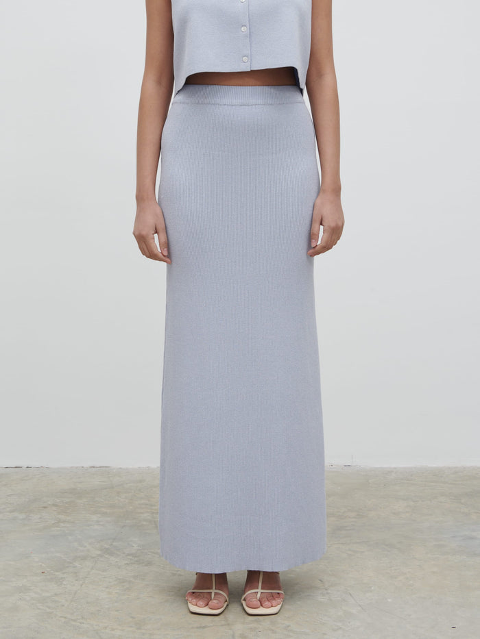 Candy Is 5'6" & Wears Size UK S|Jasmin Knit Maxi Skirt - Blue Marl